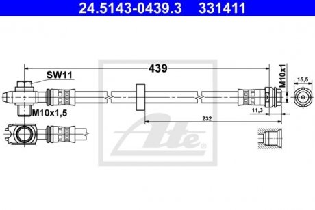 Шланг тормозной AUDI A3 01- / L + P / ATE 24514304393 (фото 1)