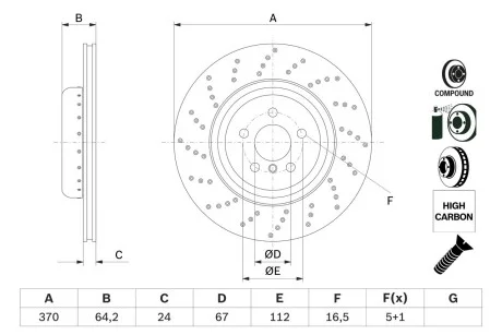 Гальмівний диск BMW 5/7/X5/X6 \'\'RL M-Perfomance d=370mm \'\'16>> BOSCH 0986479G12