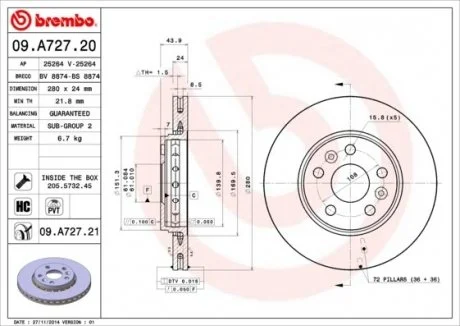 Фото 1 - тормозной диск BREMBO 09.A727.21 Тормозной диск BREMBO 09.A727.21 (фото 1)