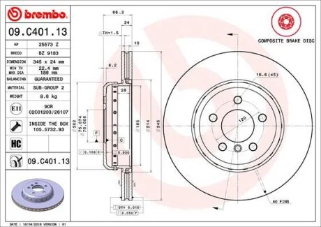 Фото 1 - гальмівний диск BREMBO 09.C401.13 Гальмівний диск BREMBO 09.C401.13 (фото 1)