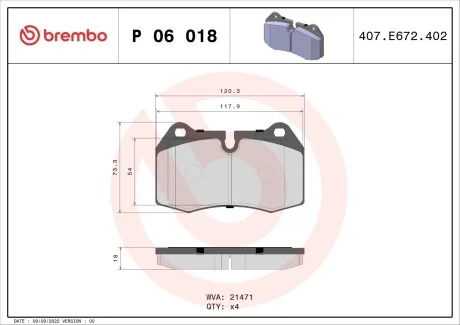 Тормозные колодки дисковые, к-кт. BREMBO P06 018