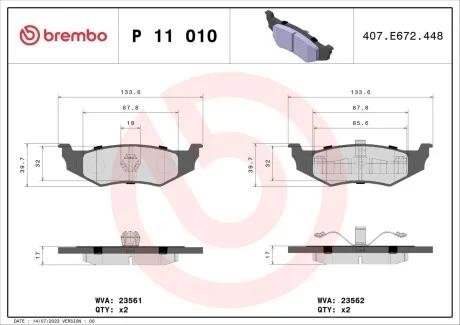 Тормозные колодки дисковые, к-кт. BREMBO P11 010 (фото 1)