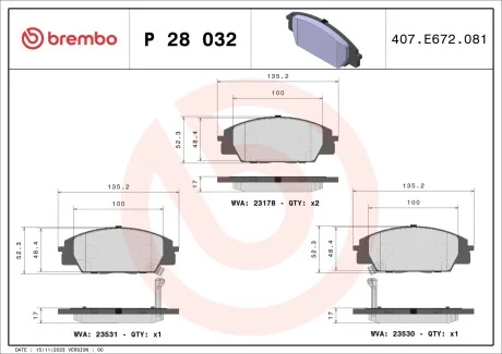 Комплект тормозных колодок с 4 шт. дисков BREMBO P28032