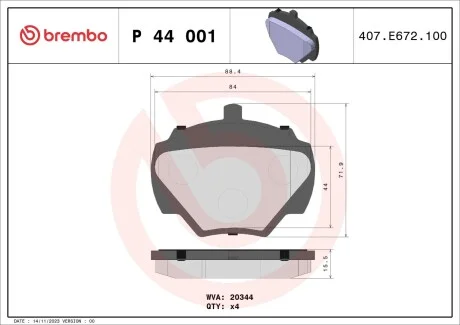 Гальмівні колодки дискові, к-кт. BREMBO P44 001