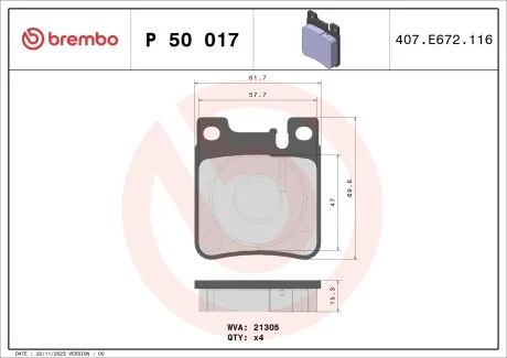 Гальмівні колодки дискові, к-кт. BREMBO P50 017