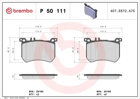 Тормозные колодки дисковые, к-кт. BREMBO P50 111