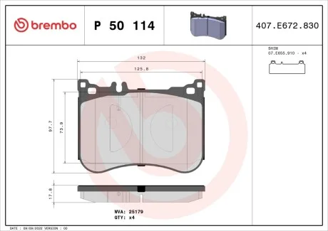 Тормозные колодки дисковые, к-кт. BREMBO P50 114 (фото 1)