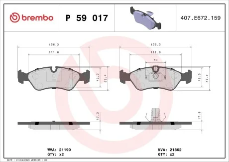 Тормозные колодки дисковые, к-кт. BREMBO P59 017