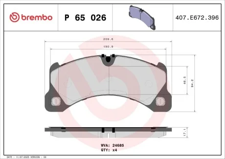 Тормозные колодки дисковые, к-кт. BREMBO P65 026 (фото 1)