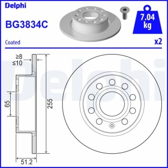 Диск тормозной AUDI / SEAT / VW A3 / Altea / Leon / Toledo / Octavia / Yeti / Caddy / Golf R D = 255mm 03 Delphi BG3834C (фото 1)