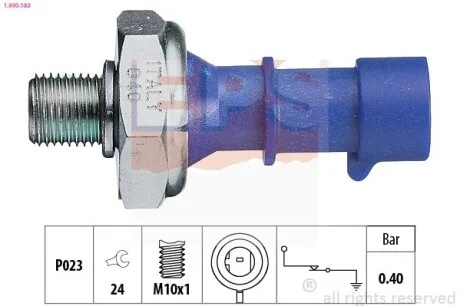 Знято з в-ва! 0.4bar! Датчик тиску масла (чорний) Opel Agila, Astra H, Corsa D, Insignia, Meriva, Tigra, Zafira 1.0-1.8 09.00- EPS 1.800.183 (фото 1)