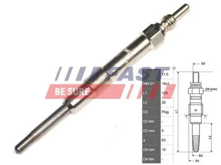 Свічка розжарювання (11V) Fiat Doblo, Punto, 1,9 Multijet 00- FAST FT82733