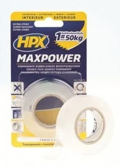 Двостороння клейка стрічка MAXPOWER / універсальна / прозора / 19 мм • 2 м / HPX HT1902