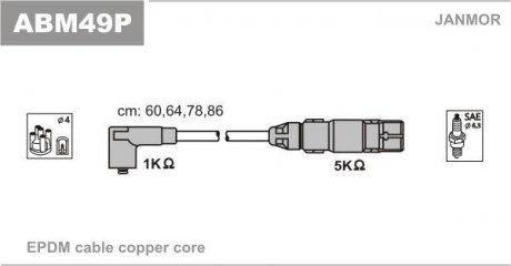 Провід високовольтні (каучук) Copper) Audi A3 1.6 / VW Bora 2.0 99-05 / Caddy III 2.0 06-15 / Golf IV 2.0 98-06 Janmor ABM49P (фото 1)