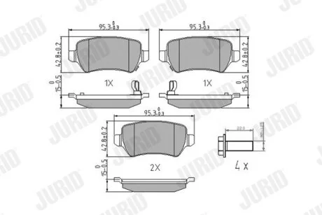 Тормозные колодки задние OPEL ASTRA/COMBO/MERIVA/ZAFIRA KIA VENGA CHRYSLER CONCORDE CHEVROLET CORSA/A Jurid 573122J