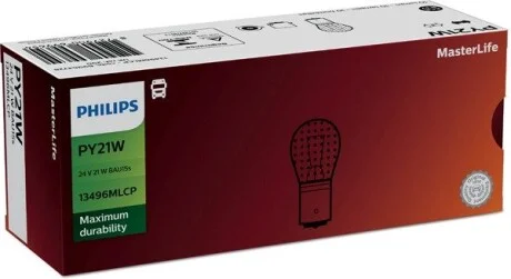 Лампа (картон 10шт) PY21W 24В 21Вт BAU15S основна лампа Masterlife, Помаранчевий PHILIPS 13496MLCP