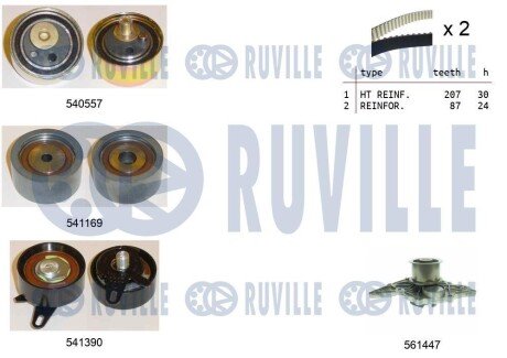 К-кт ГРМ (2 пас+ 2 ролики і 1 натяжник, водяна помпа+ термостат) VAG 2.5TDI (AFB/AKN) 98- RUVILLE 5503831 (фото 1)