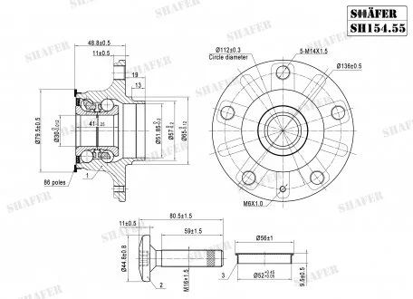 Ступица задняя ABS + Audi A3 Skoda Octavia III VW Golf Plus, Golf Sportsvan, Golf V, Golf VI, Golf VII, Jetta IV 1.0-Electric 05.03- SHAFER SH154.55K