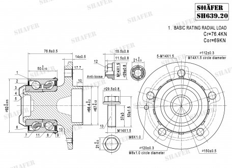 Пiдшипник ступиці переднiй + мантажний к-кт MB W639 Vaneo 03-, Viano 03- SHAFER SH639.20K