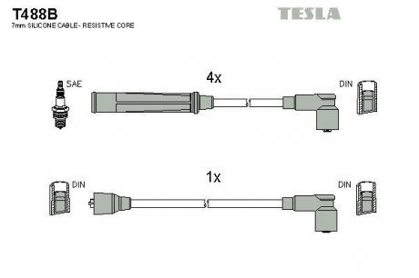 Кабель зажигания, к-кт Nissan Bluebird 80-90 1,6;1,8;2,0 TESLA T488B (фото 1)