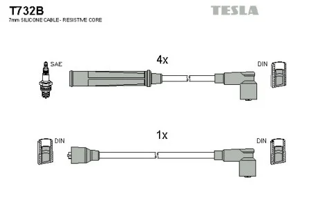 Кабель зажигания, к-кт Seat,VW 77-93 0,9;1,1;1,3;1,7 TESLA T732B