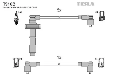 Кабель зажигания, к-кт Safrane II 96-00 2,5 20V, Volvo 91-02 850,S70,V70 2,0;2,0T,2,3 T5,2,3T TESLA T916B