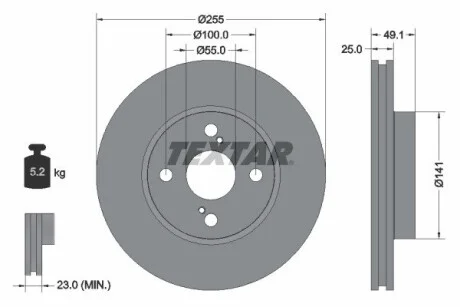 Диск тормозной TOYOTA Corolla / Prius передняя сторона D = 255mm 97-13 TEXTAR 92125903
