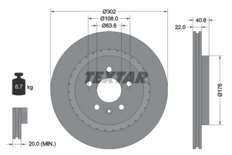 Диск гальмівний задн лів/прав VOLVO S60 II, S80 II, V60 I, V70 III, XC70 II 1.5-4.4 03.06-12.18 TEXTAR 92168305