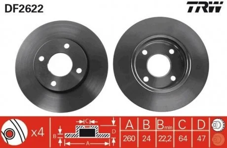 Диск тормозной (1 шт.) FORD (Europe) Cougar / Mondeo / Mondeo Estate / Wagon / Scorpio TRW DF2622