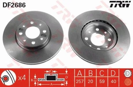 Диск тормозной (1 шт.) ALFA ROMEO - FIAT - LANCIA 145/146/155 / Albea / Barchetta / Brava / Bravo / Dobl TRW DF2686