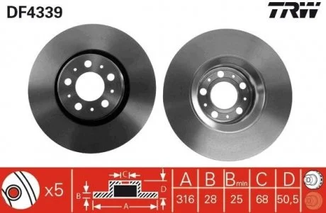 Диск тормозной (1 шт.) VOLVO XC90 / S60 передняя сторона D = 316mm 00-10 TRW DF4339