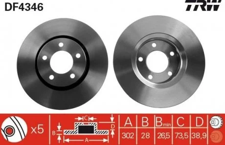 Диск тормозной (1 шт.) CHRYSLER / DODGE Voyager / Caravan передняя сторона D = 302mm 00-08 TRW DF4346