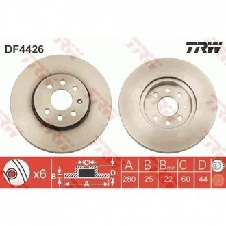 Диск тормозной (1 шт.) OPEL Astra H / Combo / Meriva передняя сторона D = 280mm 02 - TRW DF4426