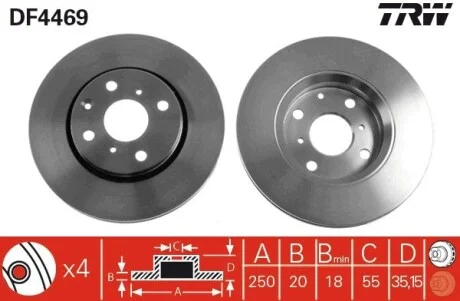 Диск гальмівний (1 шт.) CITROEN/PEUGEOT/TOYOTA C1/107/Aygo F "05>> TRW DF4469