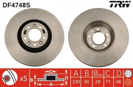 Диск тормозной PEUGEOT 407/607 передняя сторона D = 330mm 04-10 TRW DF4748S