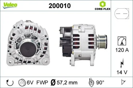Генератор (14В, 120А, новий) AUDI A2, A3, A4 B5, A6 C4, A6 C5, TT FORD GALAXY I SEAT ALHAMBRA, AROSA, CORDOBA, CORDOBA VARIO, IBIZA II, IBIZA III, IBIZA IV, IBIZA IV SC, INCA 1.0-3.2 02.90-08.15 Valeo 200010