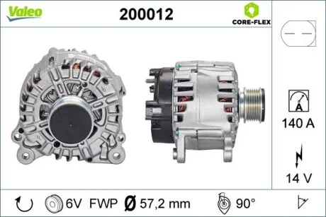 Генератор (14В, 140А, новий) AUDI A1, A3, A4 B6, A4 B7, A8 D4, Q3, TT CHRYSLER SEBRING DODGE AVENGER, CALIBER, JOURNEY FORD GALAXY I JEEP COMPASS, PATRIOT SEAT ALHAMBRA, ALTEA 1.0-4.0 09.95- Valeo 200012