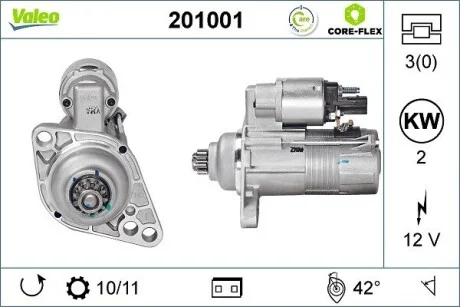 Стартер (12В, 2кВт, новий) AUDI A3, TT SEAT ALTEA, ALTEA XL, CORDOBA, IBIZA III, IBIZA IV, IBIZA IV SC, LEON, TOLEDO III SKODA FABIA I, FABIA I PRAKTIK, FABIA II, OCTAVIA II 1.4-2.0D 10.99- Valeo 201001