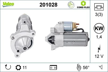 Стартер (12В, 1,4кВт, новий) CITROEN BERLINGO, BERLINGO/MINIVAN, C15/MINIVAN, C4, C4 I, C5 I, C5 II, C5 III, C8, C-CROSSER, EVASION, JUMPER I, JUMPY I, XANTIA, XANTIA/KOMBI, XM 1.4-2.2D 05.89- Valeo 201028