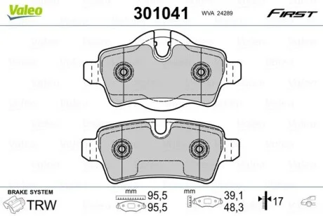 Фото 1 - гальмівні колодки дискові MINI Cooper/Clubman/Clubvan/Roadster "1,4-2,0 "R "06-15 Valeo 301041 Гальмівні колодки дискові MINI Cooper/Clubman/Clubvan/Roadster "1,4-2,0 "R "06-15 Valeo 301041 (фото 1)