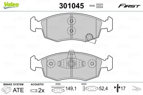Тормозные колодки дисковые FIAT/LANCIA Panda/Ypsilon "0,9-1,3 "F "11>> Valeo 301045
