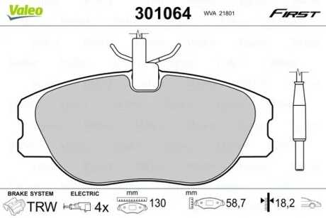 Гальмівні колодки дискові CITROEN/FIAT/LANCIA/PEUGEOT Jumpy/Scudo/806/Expert "1,6-2,1 "F "94-06 Valeo 301064