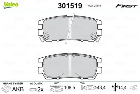 Тормозные колодки дисковые MITSUBISHI L400/Pajero/Sigma "2,4-3,5 "R "90>> Valeo 301519