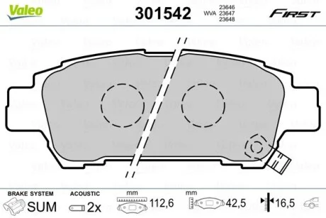 Тормозные колодки дисковые YOYOTA Avensis/Previa "2,0-2,4 "R "00-09 Valeo 301542