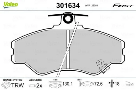 Тормозные колодки дисковые HYUNDAI Grace/H100 "F "93-00 Valeo 301634