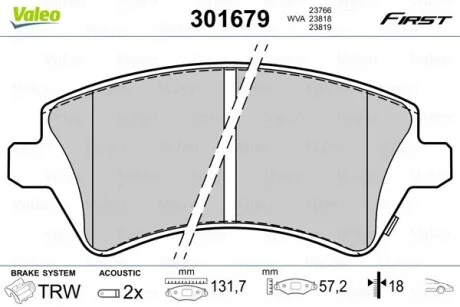Тормозные колодки дисковые TOYOTA Corolla "1,4-2,0 "F "01-07 Valeo 301679