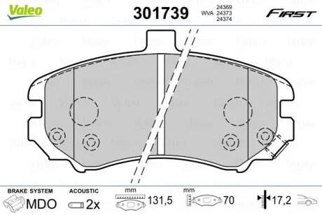 Тормозные колодки дисковые HYUNDAI Elantra "1,6-2,0 "F "00-06 Valeo 301739