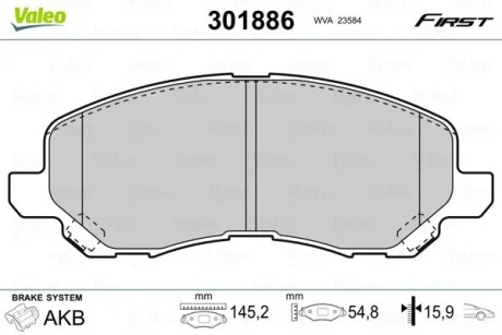 Гальмівні колодки дискові CHRYSLER/CITROEN/JEEP/MITSUBISHI/PEUGEOT Patriot/Galant "1,3-3,0 "F "99>> Valeo 301886