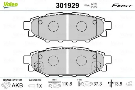 Тормозные колодки дисковые SUBARU/TOYOTA BRZ/Forester/Impreza/Legacy/Outback/GT86 "1,5-3,6 "R "03>> Valeo 301929
