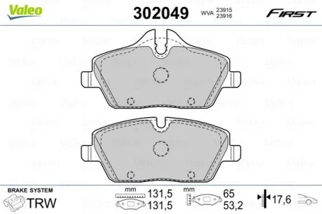 Тормозные колодки дисковые BMW 1(E81,82,87,88)/2(F45)/3(E90)/Cooper/One "1,2-3,0 "F "03>> Valeo 302049